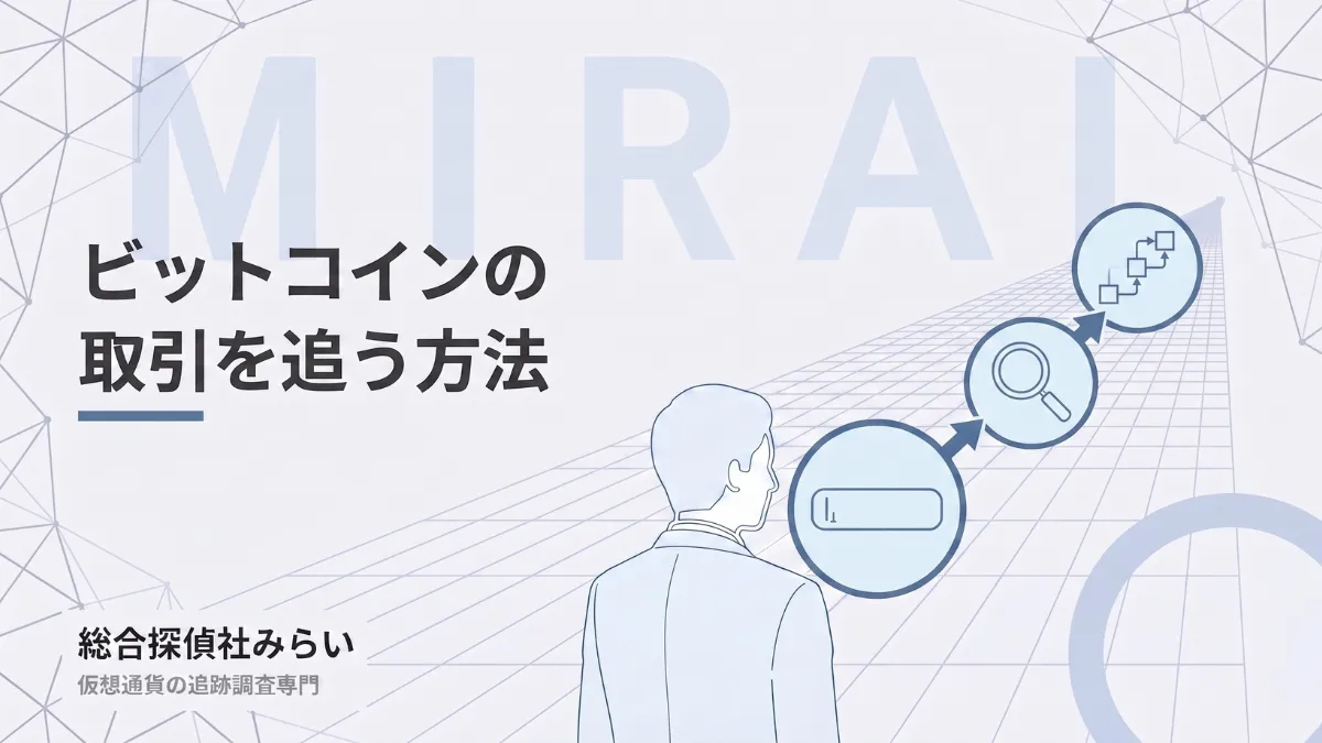 ビットコインの取引を追う手順の図解。アドレスの入力から検索、資金の流れをたどるまでの流れ