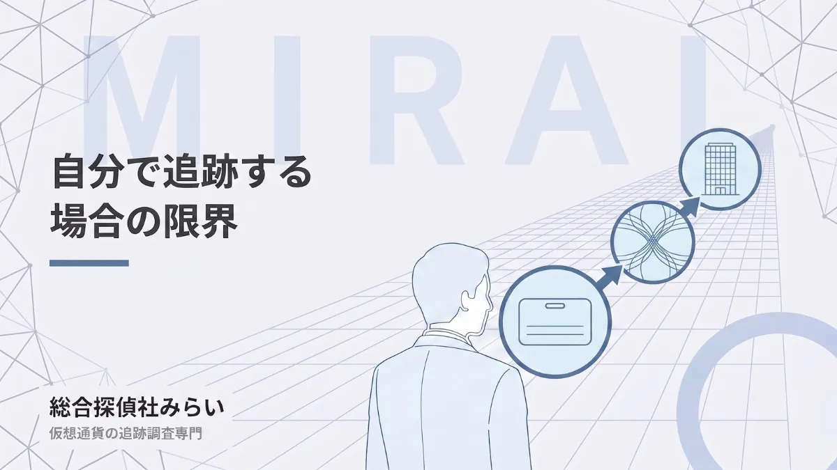 自分で追跡する場合の限界を示す図解。アドレスは追えても、資金が混ざり合い到達先で止まる様子