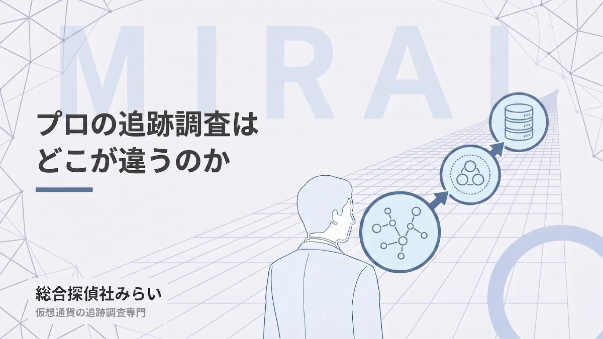 プロの追跡調査の違いを示す図解。散らばったアドレスをまとまりとして捉え、独自データベースと照合する流れ