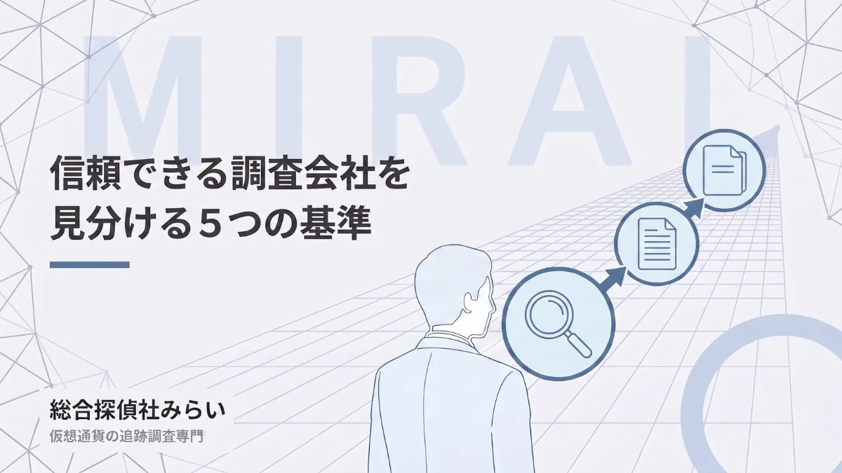 信頼できる調査会社を見分ける基準の図解。調べる、基準に照らす、報告書で確かめる流れ