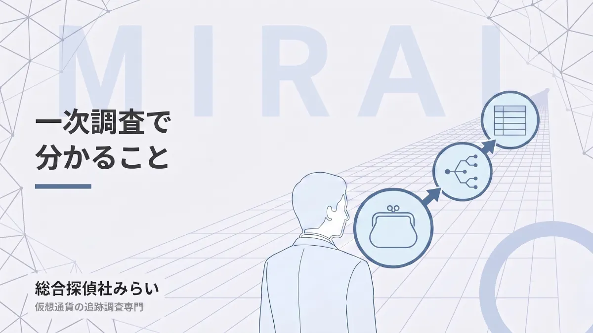 一次調査で分かることの図解。送金元から資金の流れをたどり、分かった内容を整理する流れ