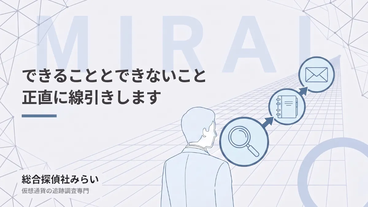 できることとできないことの線引きを示す図解。追跡、調査報告書の作成、書面で渡す流れ