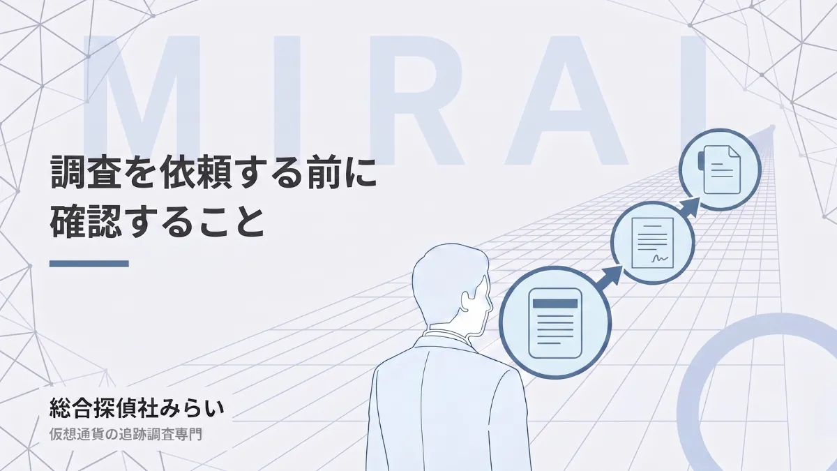 調査を依頼する前に確認することの図解。料金体系・調査範囲・報告書の形を確かめる流れ