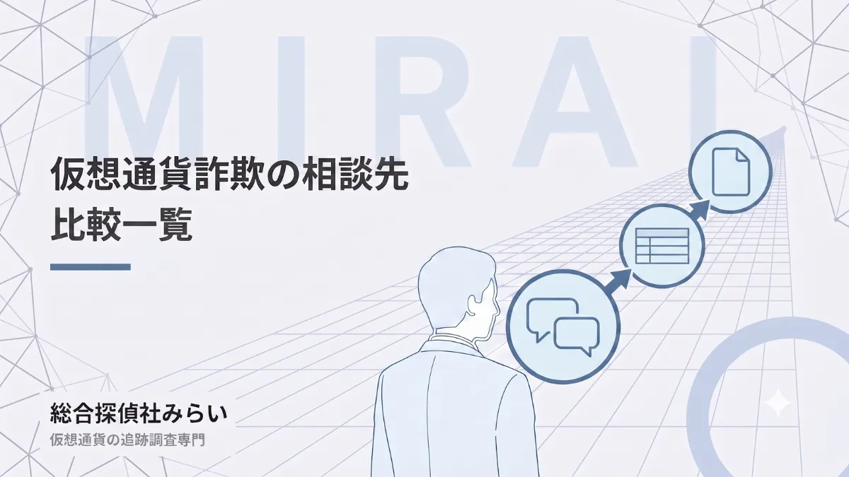 仮想通貨詐欺の相談先を比較する図解。相談の入口から窓口ごとの違い、選び方までの流れ