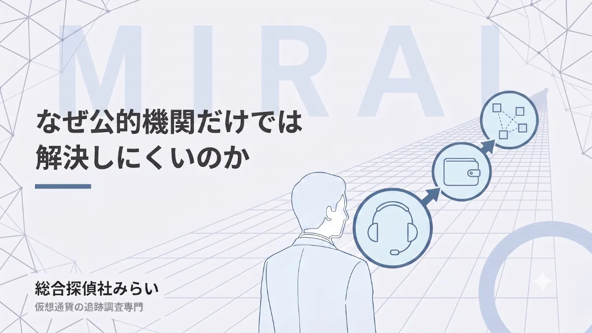 公的な窓口だけでは解決しにくい理由の図解。相談・送金した資産・行方が分散していく様子