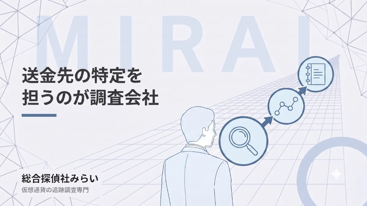 送金先の特定を調査会社が担うことを示す図解。追跡から経路の解析、調査報告書までの流れ
