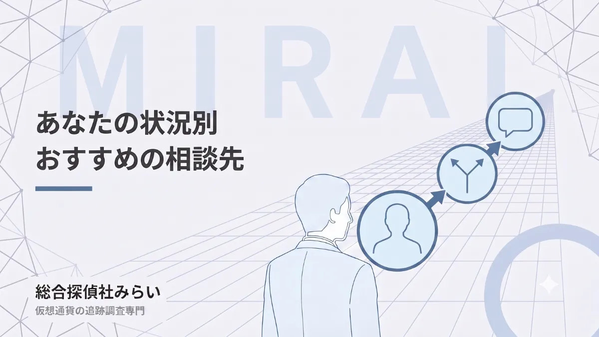 状況別の相談先を示す図解。今の状況、進む道の分かれ目、相談への流れ