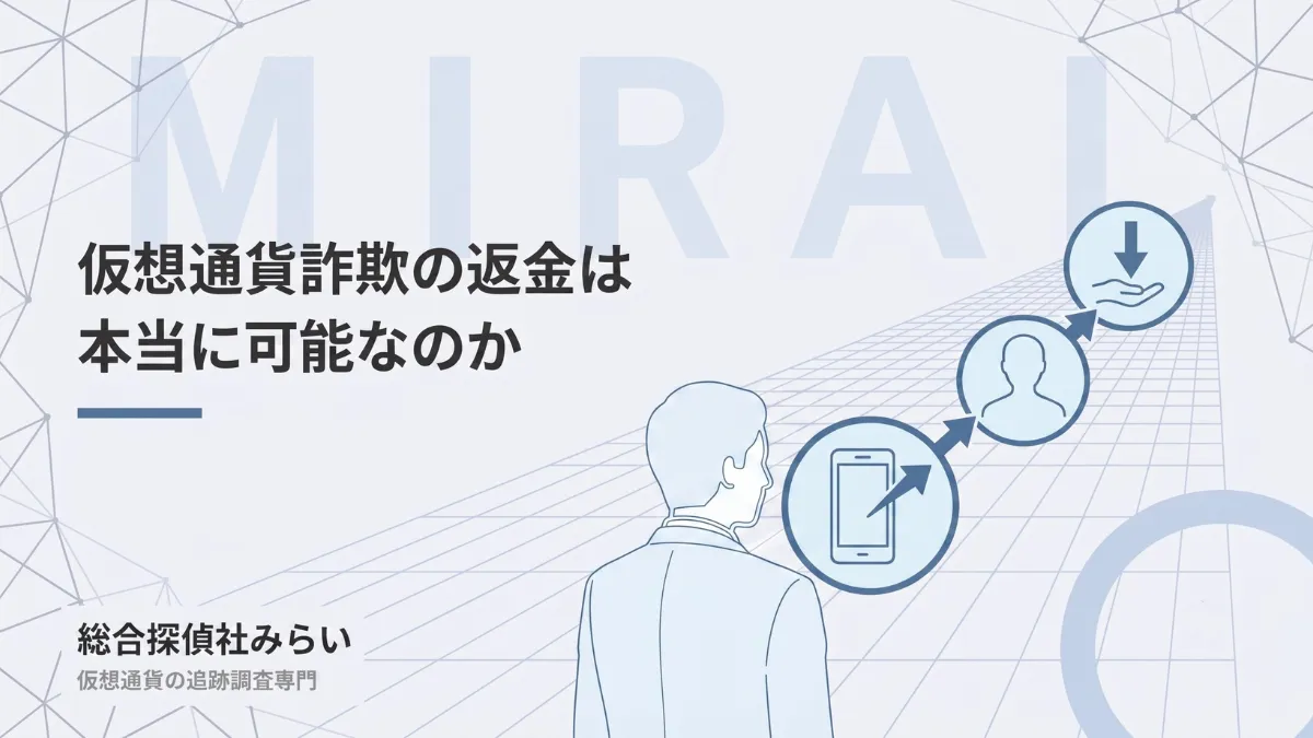 仮想通貨詐欺の返金は可能かを示す図解。スマホから相手、手元へと向かう流れ