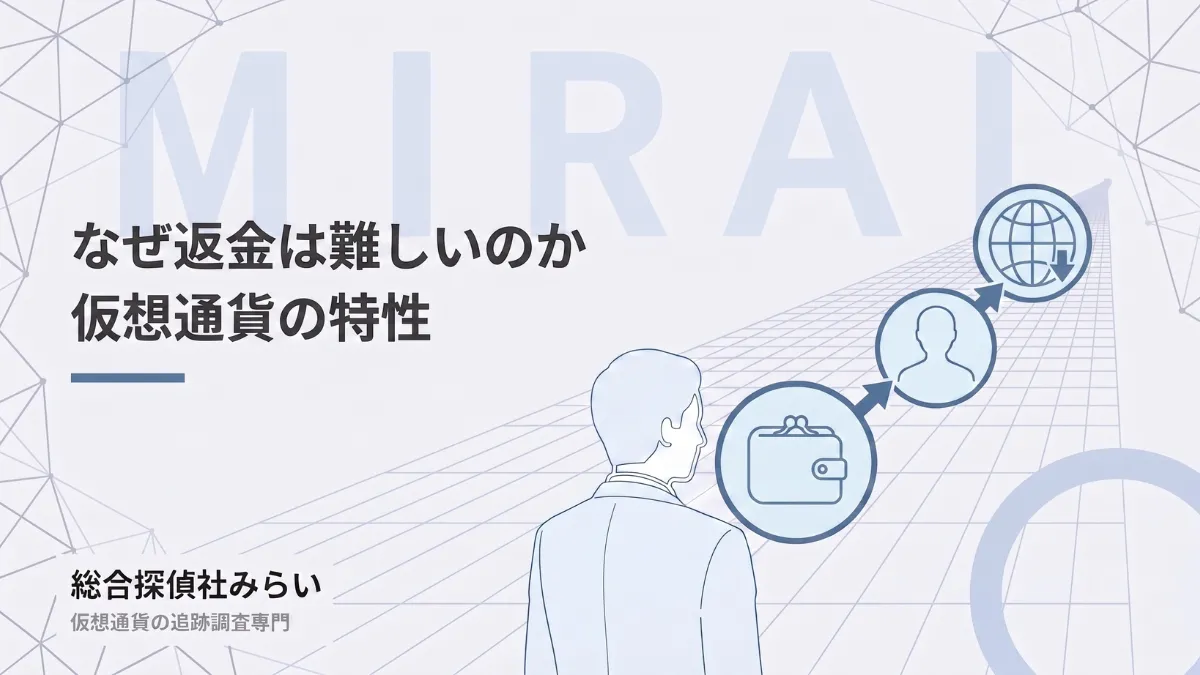 なぜ返金は難しいのかを説明する図解。ウォレットから匿名の相手、海外へと資金が流れる様子