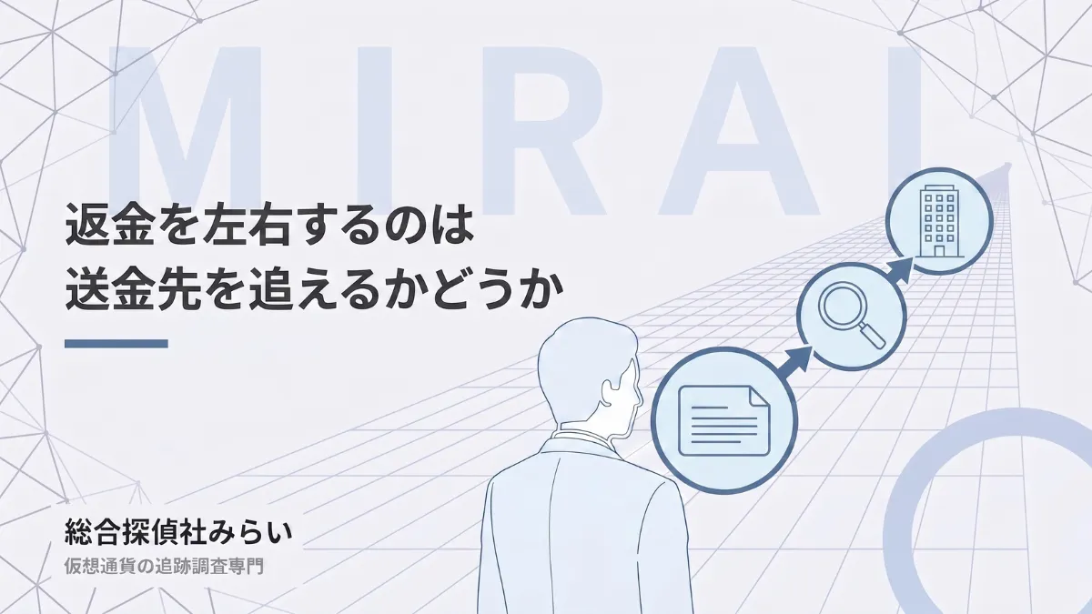 送金先を追えるかどうかを示す図解。取引記録から調査、到達先の取引所へ