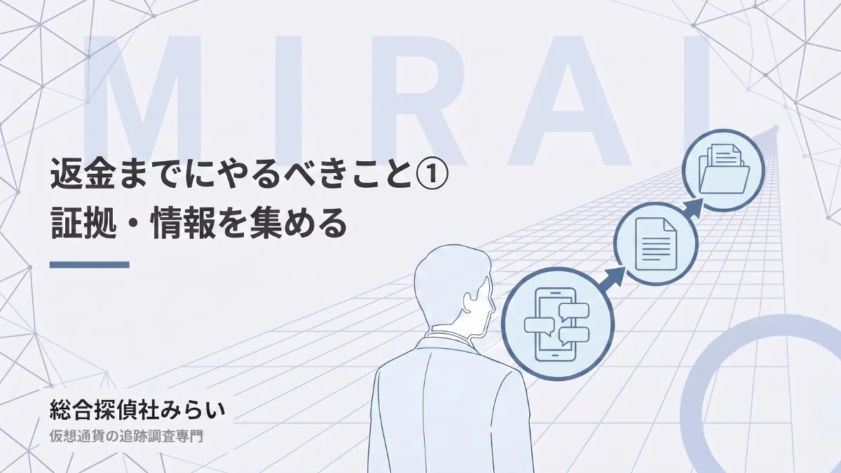 証拠と情報を集める手順の図解。やり取りの画面・取引履歴・ファイルにまとめる流れ