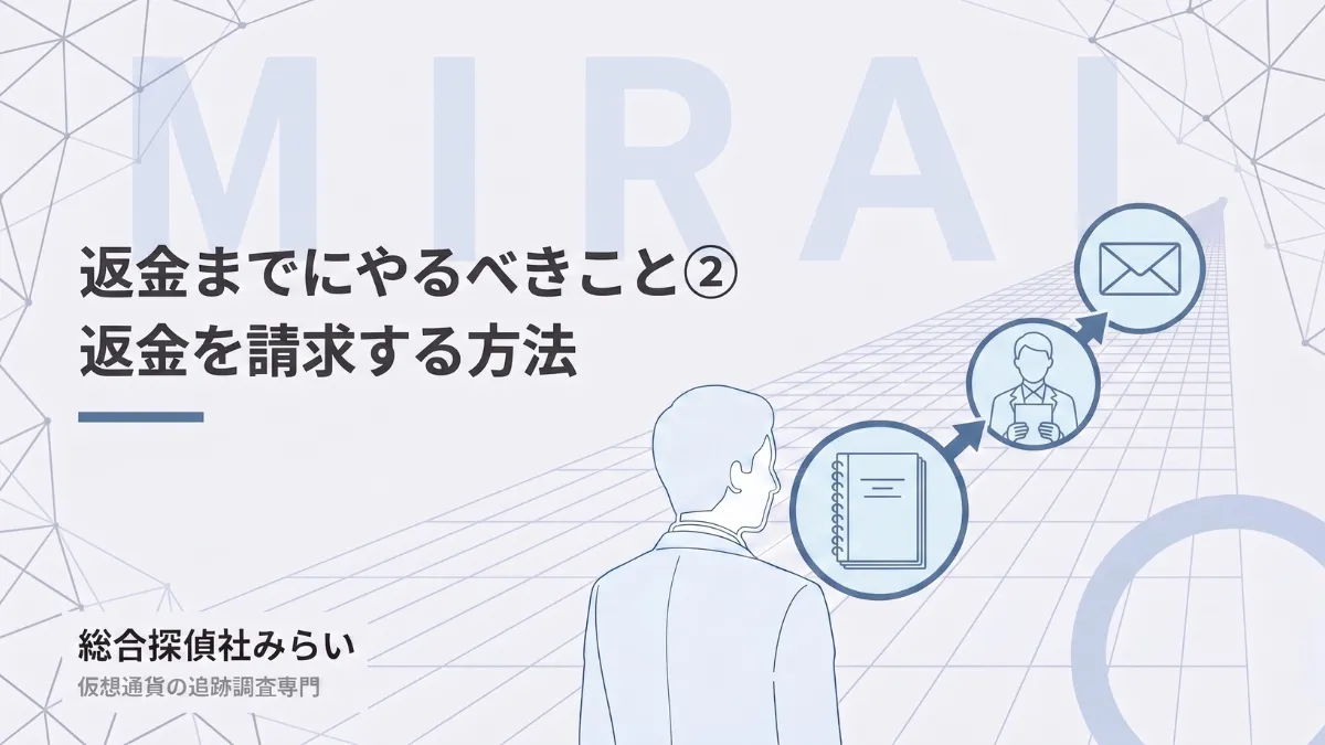 返金を請求する方法の図解。調査報告書を専門家へ渡し、書面で請求する流れ