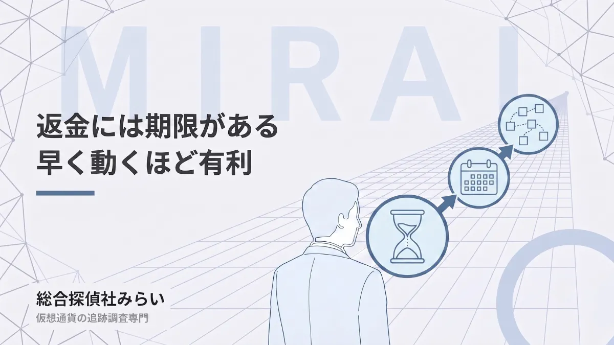 返金には期限があることを示す図解。時間の経過とともに資金が分散していく様子