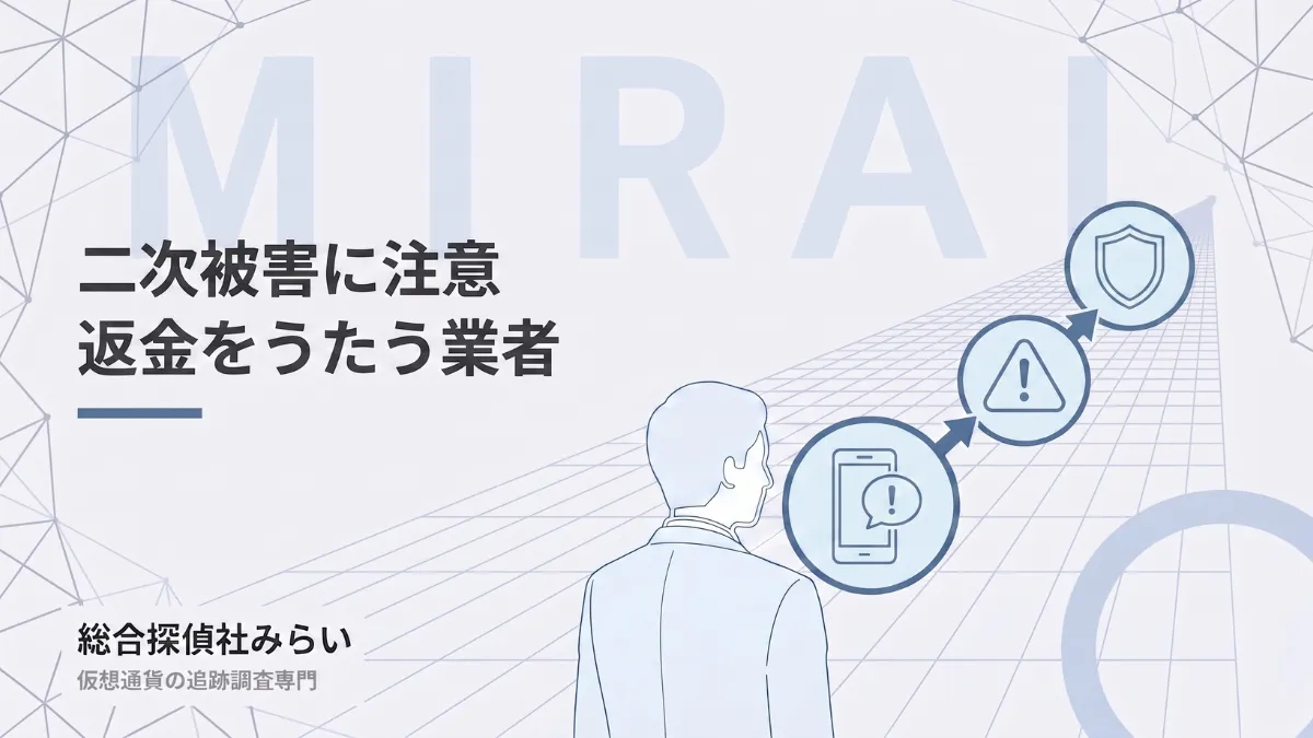 二次被害への注意を示す図解。怪しい連絡、警告、身を守る流れ