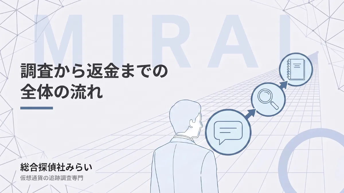 調査から返金までの流れの図解。相談、追跡、調査報告書の3段階