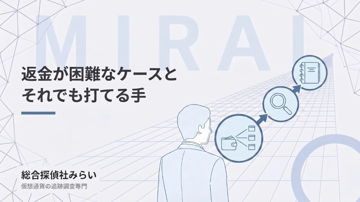 返金が困難なケースの図解。分散した資金を調査し、報告書にまとめる流れ