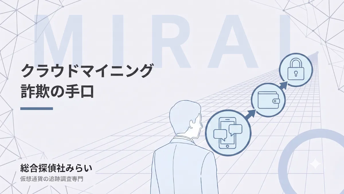 クラウドマイニング詐欺の手口の図解。勧誘、入金、出金できなくなるまでの流れ