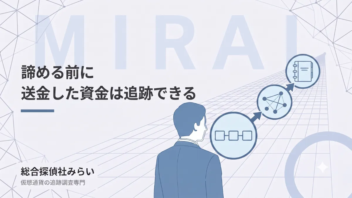 送金した資金を追跡する流れの図解。ブロックチェーンの記録、資金の流れ、調査報告書