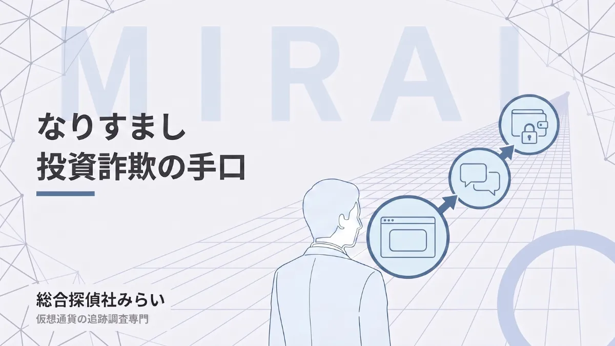 なりすまし投資詐欺の手口を示す図解。偽広告、チャットでの勧誘、出金できなくなる流れ