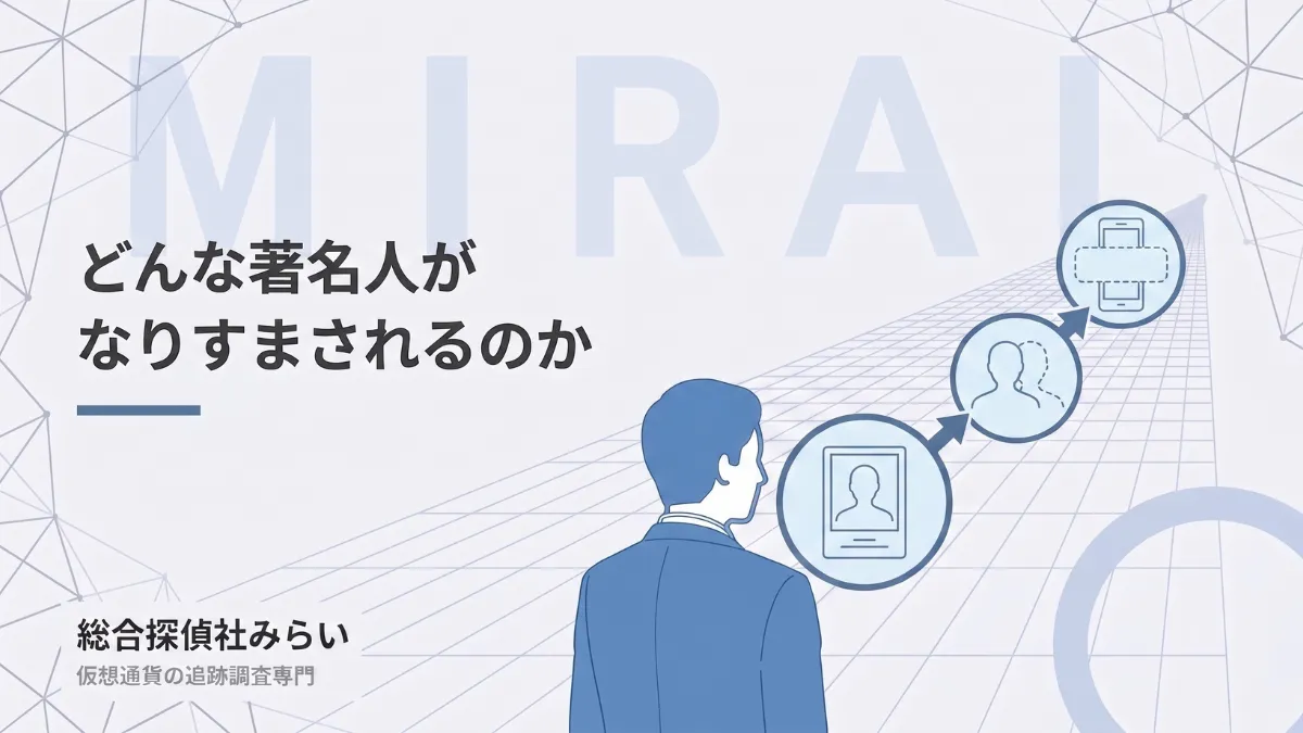 なりすましに悪用されやすい人物像を示す図解。本人の写真、無断での複製、偽広告への掲載