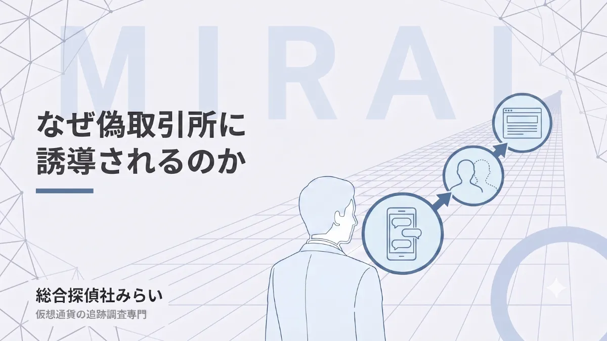 なぜ偽取引所に誘導されるのかを示す図解。SNSでの接触、なりすまし、偽サイトへの誘導