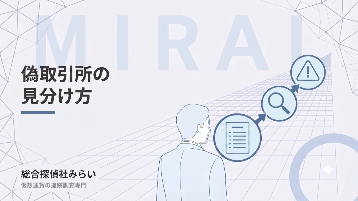 偽取引所の見分け方を示す図解。一覧での確認、内容の確認、危険への気づきの流れ