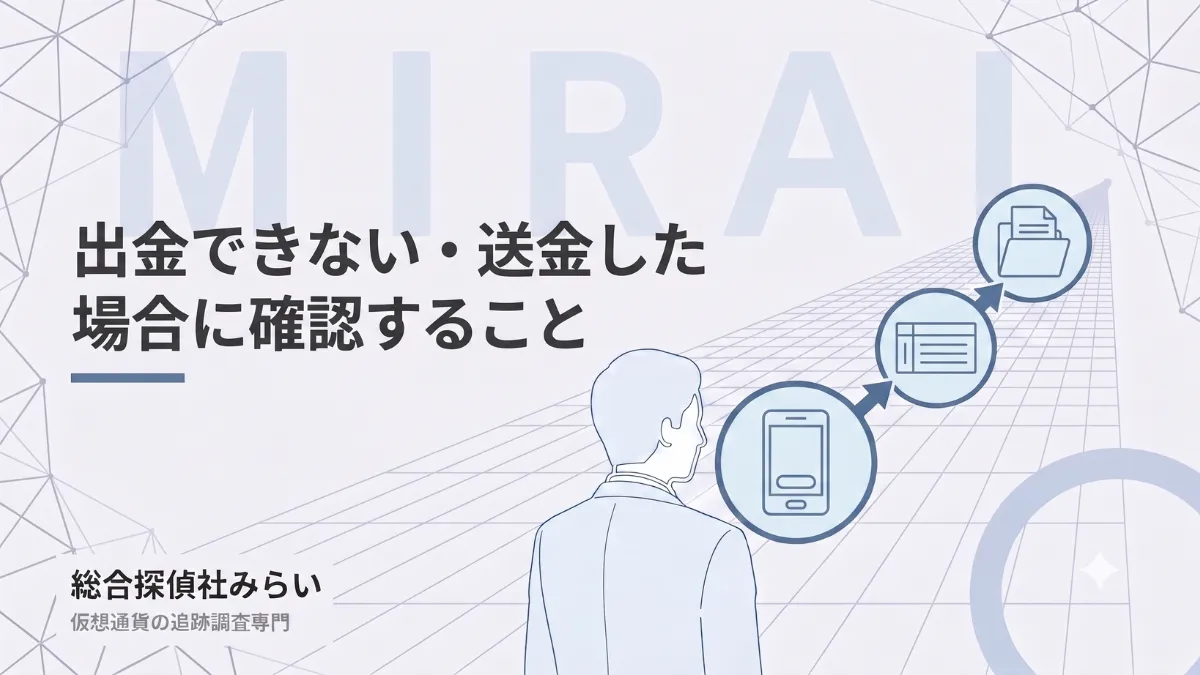 出金できない場合に確認することの図解。出金の画面、送金の記録、まとめて保存する流れ