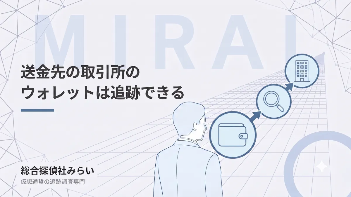 送金先のウォレットを追跡できることを示す図解。ウォレットから調査、到達先の取引所へ