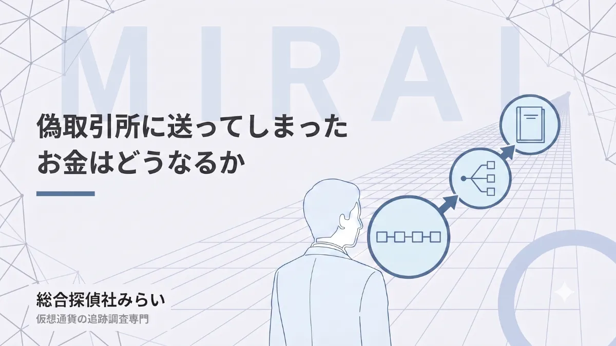 送ってしまったお金の行方を示す図解。取引の記録・資金の分散・調査報告書にまとめる流れ