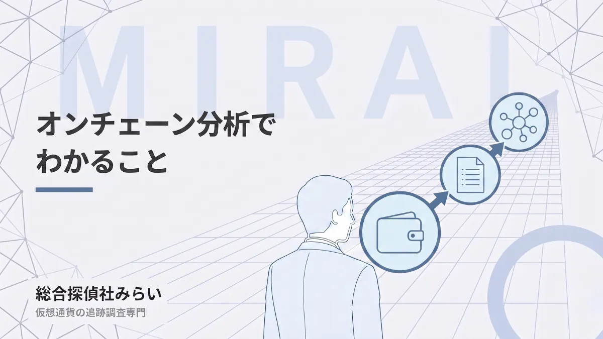 オンチェーン分析でわかることの図解。ウォレット、取引履歴、取引のつながりを読み解く流れ