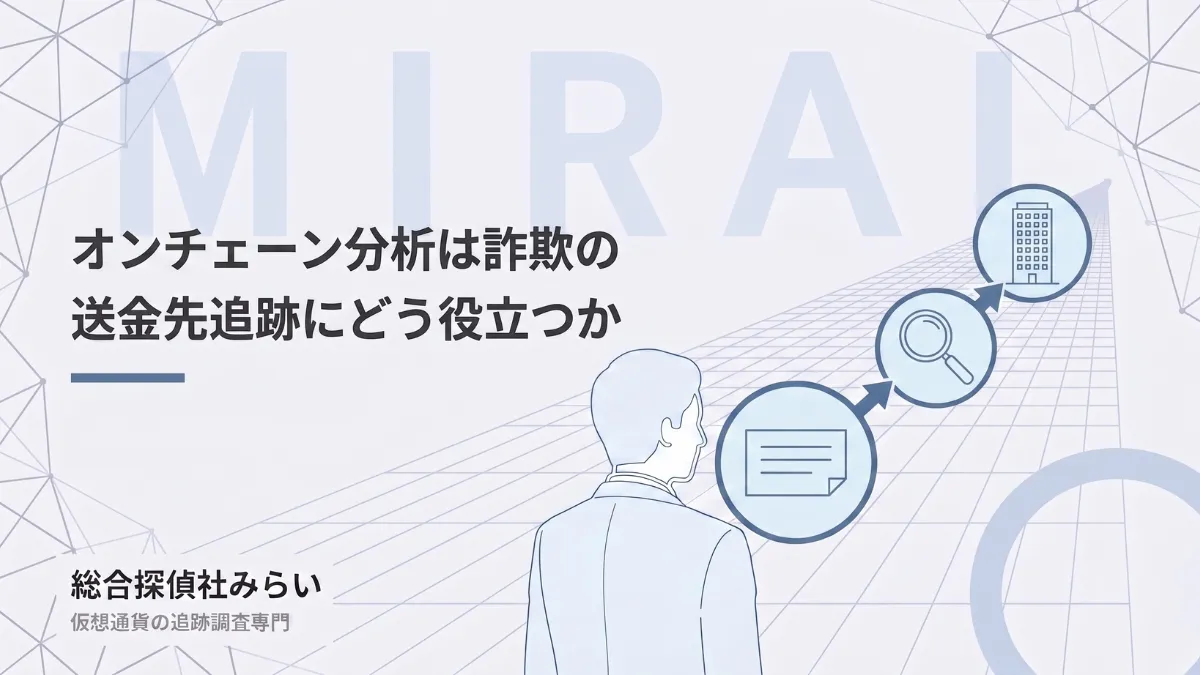 詐欺の送金先追跡に役立つ仕組みの図解。取引記録から調査し、資金の到達先へたどる流れ