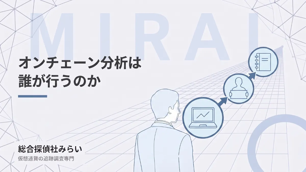 オンチェーン分析の担い手を示す図解。分析ツール・調査・調査報告書にまとめるまでの流れ