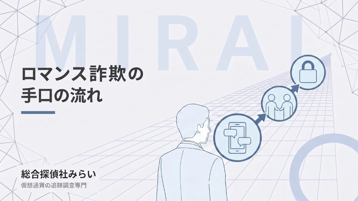 ロマンス詐欺の手口の流れを示す図解。やり取りの開始、信頼づくり、出金できなくなるまで