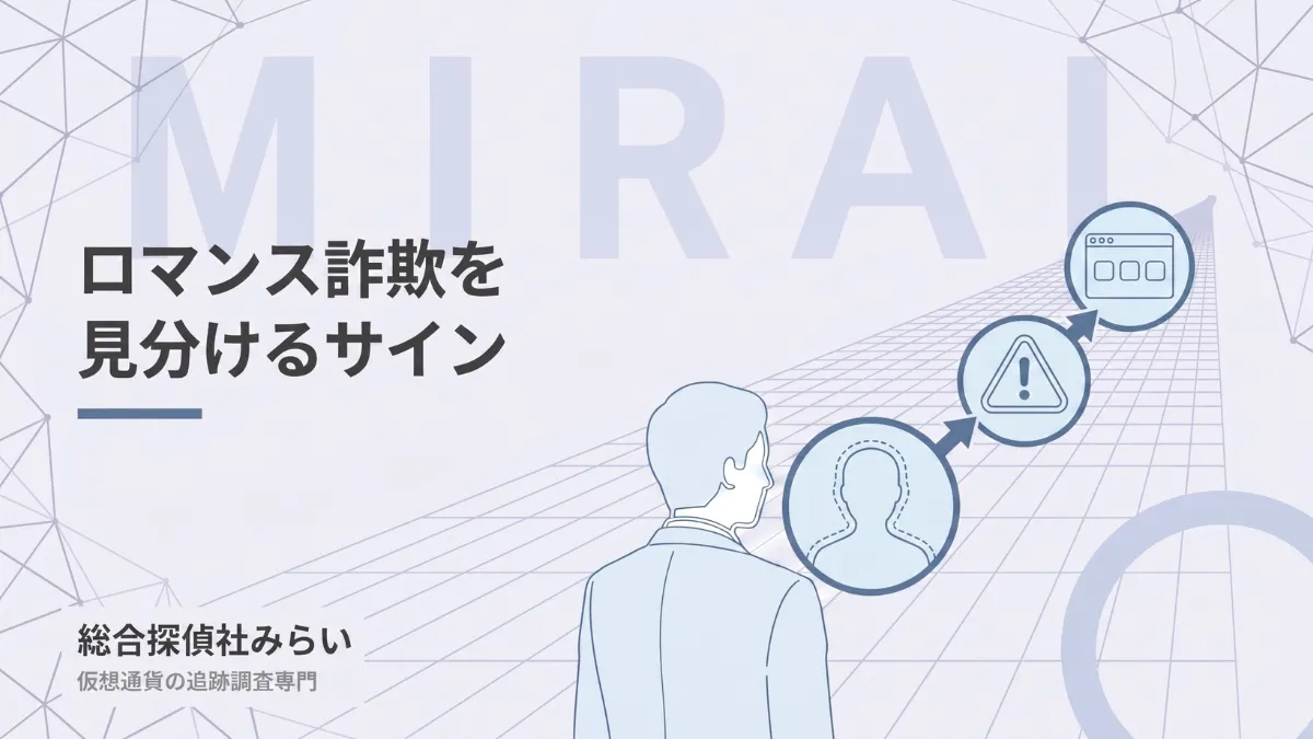 ロマンス詐欺を見分けるサインの図解。姿を見せない相手、注意の合図、見慣れないサイトへの誘導