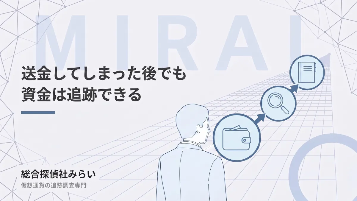 送金後も資金を追跡できることを示す図解。送金元、解析、調査報告書の流れ