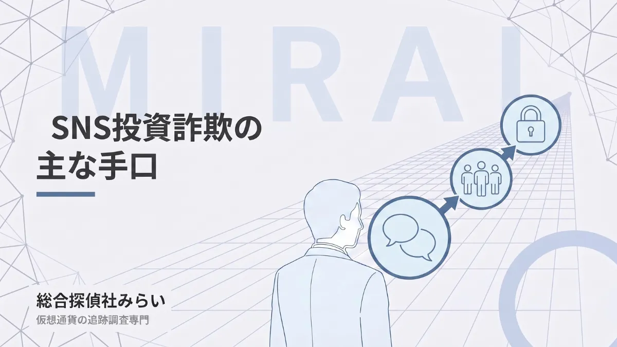SNS投資詐欺の主な手口の図解。DMでの接触、グループへの誘導、出金できなくなる流れ