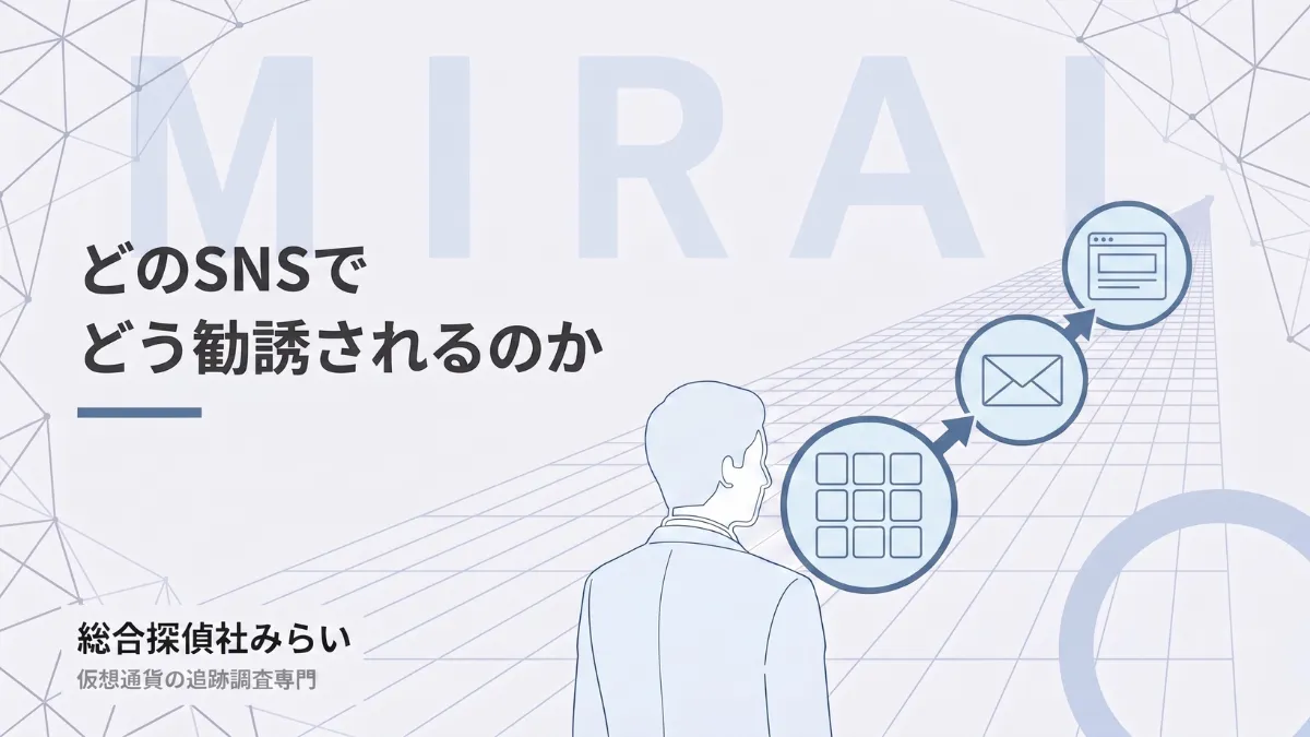 どのSNSで勧誘されるかを示す図解。投稿一覧からDM、外部サイトへ誘導される流れ