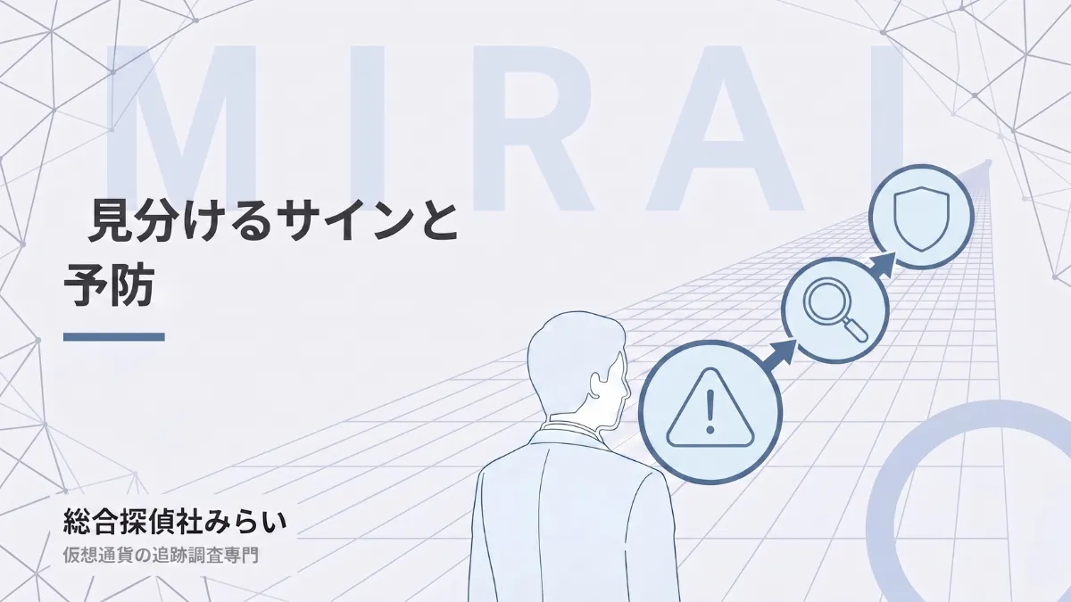 見分けるサインと予防の図解。危険な兆候に気づき、確かめ、身を守る流れ