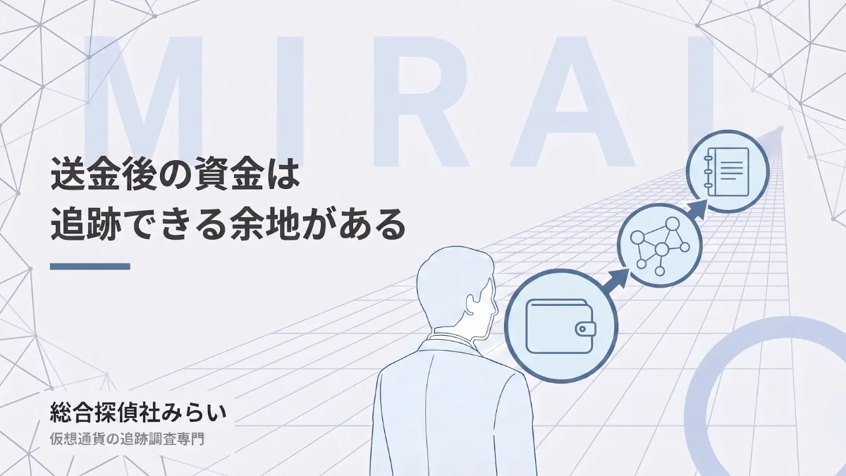 送金後の資金を追跡する図解。送金の記録から資金の流れをたどり、調査報告書にまとめる流れ