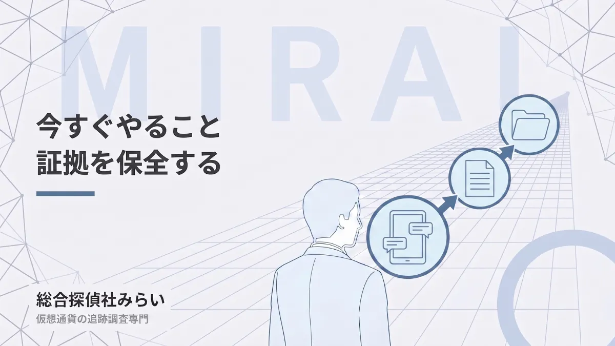 証拠を保全する手順の図解。やり取りの画面、送金の記録、まとめて保管する流れ