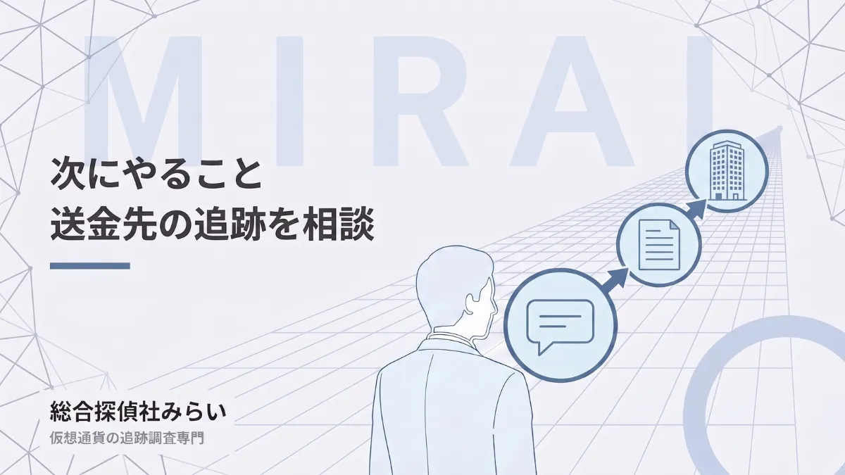 送金先の追跡を相談する流れの図解。相談から手がかりの確認、到達先の取引所へ