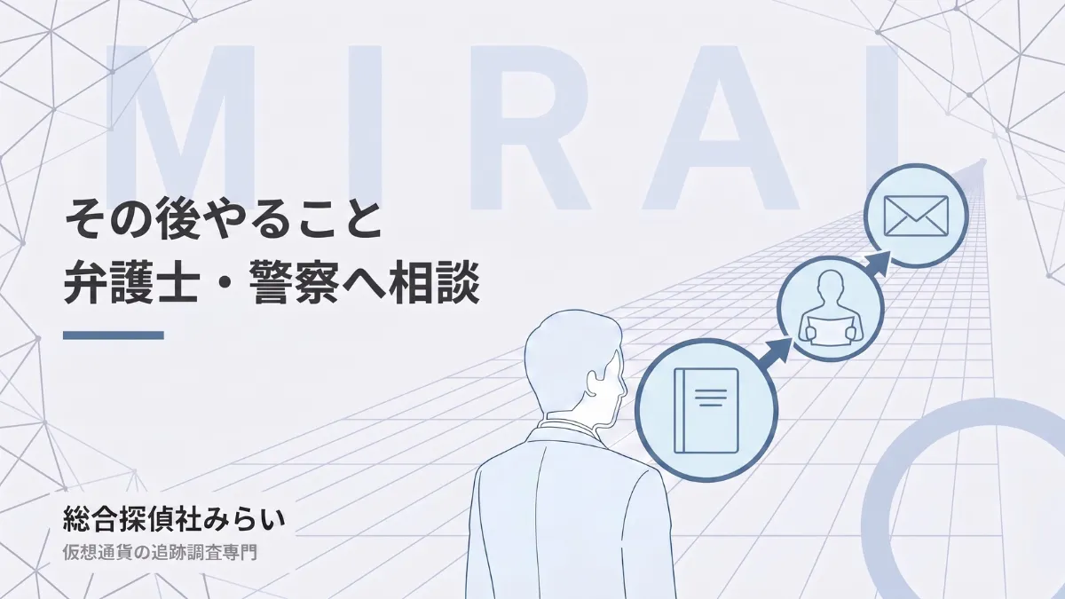 調査報告書を専門家へ渡す流れの図解。報告書をまとめ、書面で相談へ進む様子