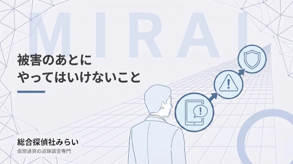 被害のあとに避けたい行動の図解。怪しい連絡、注意のサイン、身を守る流れ