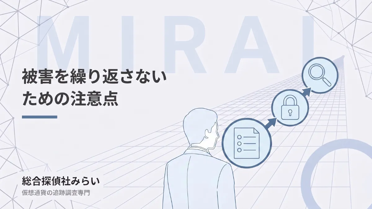 被害を繰り返さないための注意点の図解。情報の流出、対策、見極めの流れ