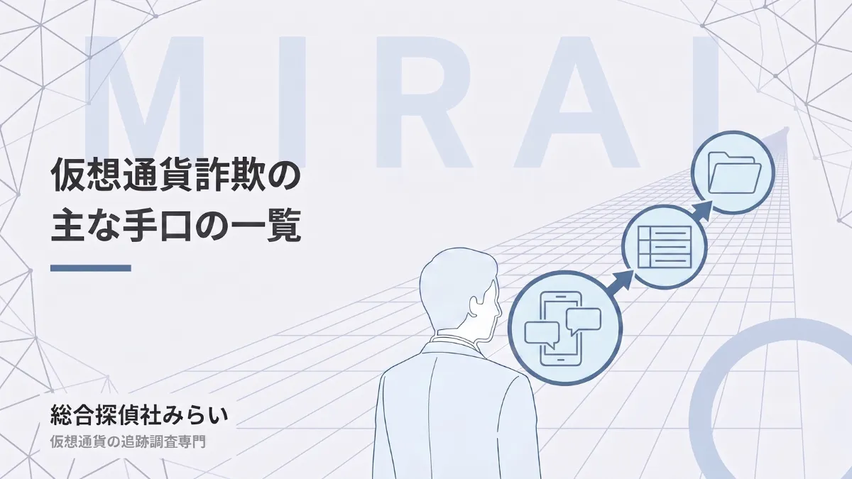 仮想通貨詐欺の主な手口を型ごとに整理した図解。勧誘の接触から一覧化、分類へ