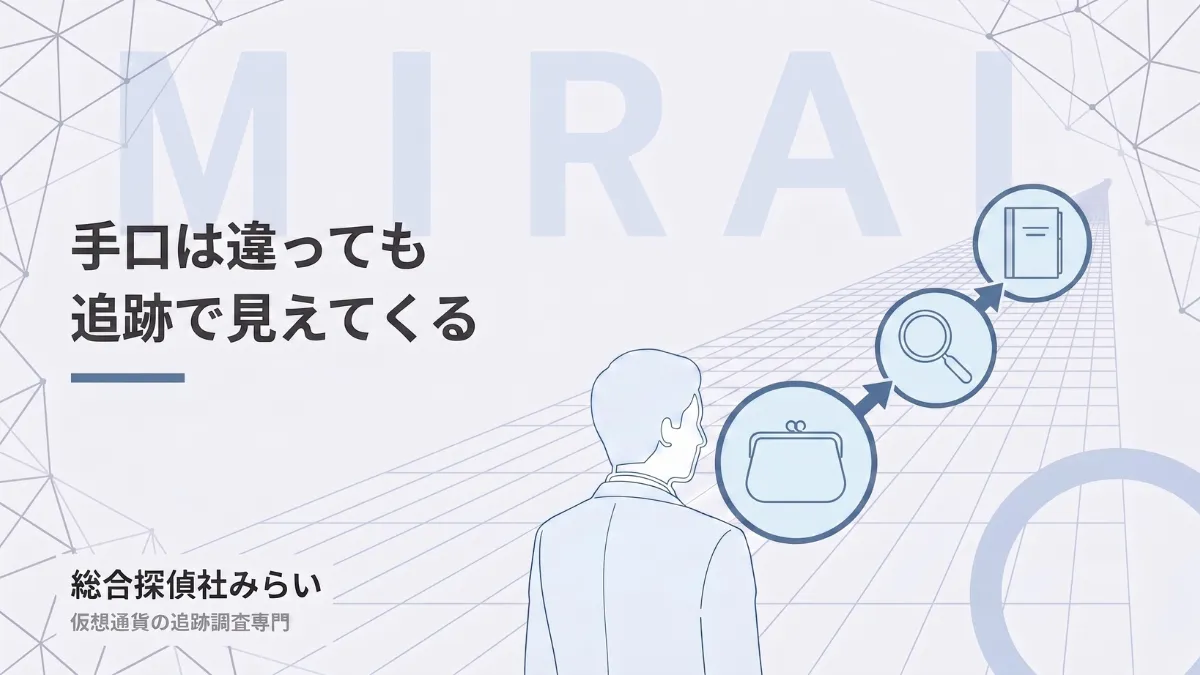 手口が違っても資金の流れを追える理由の図解。送金先から調査、調査報告書へ