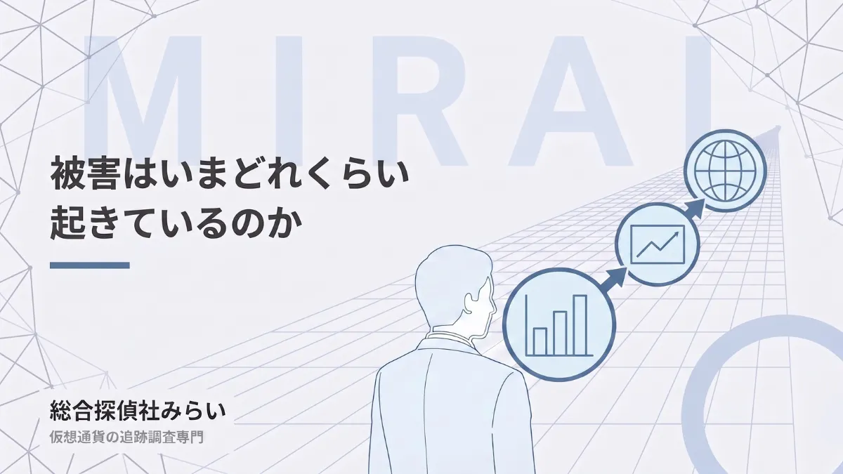 仮想通貨詐欺の被害がどれくらい起きているかを示す図解。件数の推移と広がり