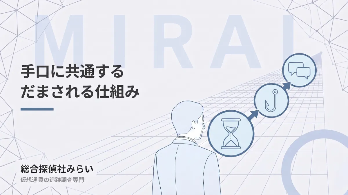だまされる仕組みを示す図解。焦らせる、利益で誘う、信頼させるという共通構造