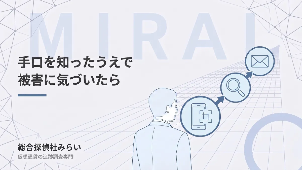 被害に気づいたときの初動の図解。記録の保全・送金先の調査・報告書を託す流れ