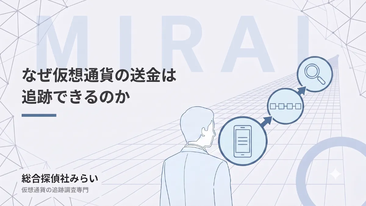 仮想通貨の送金が追跡できる理由の図解。送金の記録が台帳に残り、たどれる流れ